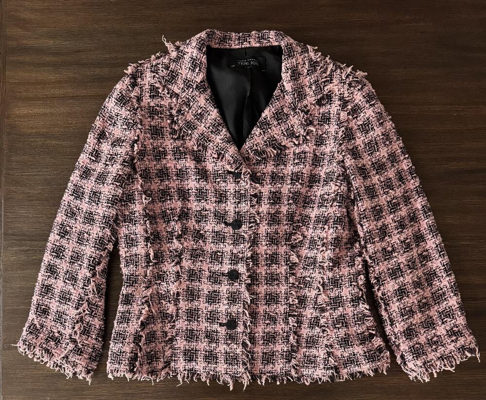 Teri Jon Tweed Blazer Jacket Womens Small Pink Black 3/4 Sleeve